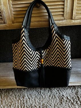 Big Buddha Black and Cream Chevron Hobo Shoulder Bag